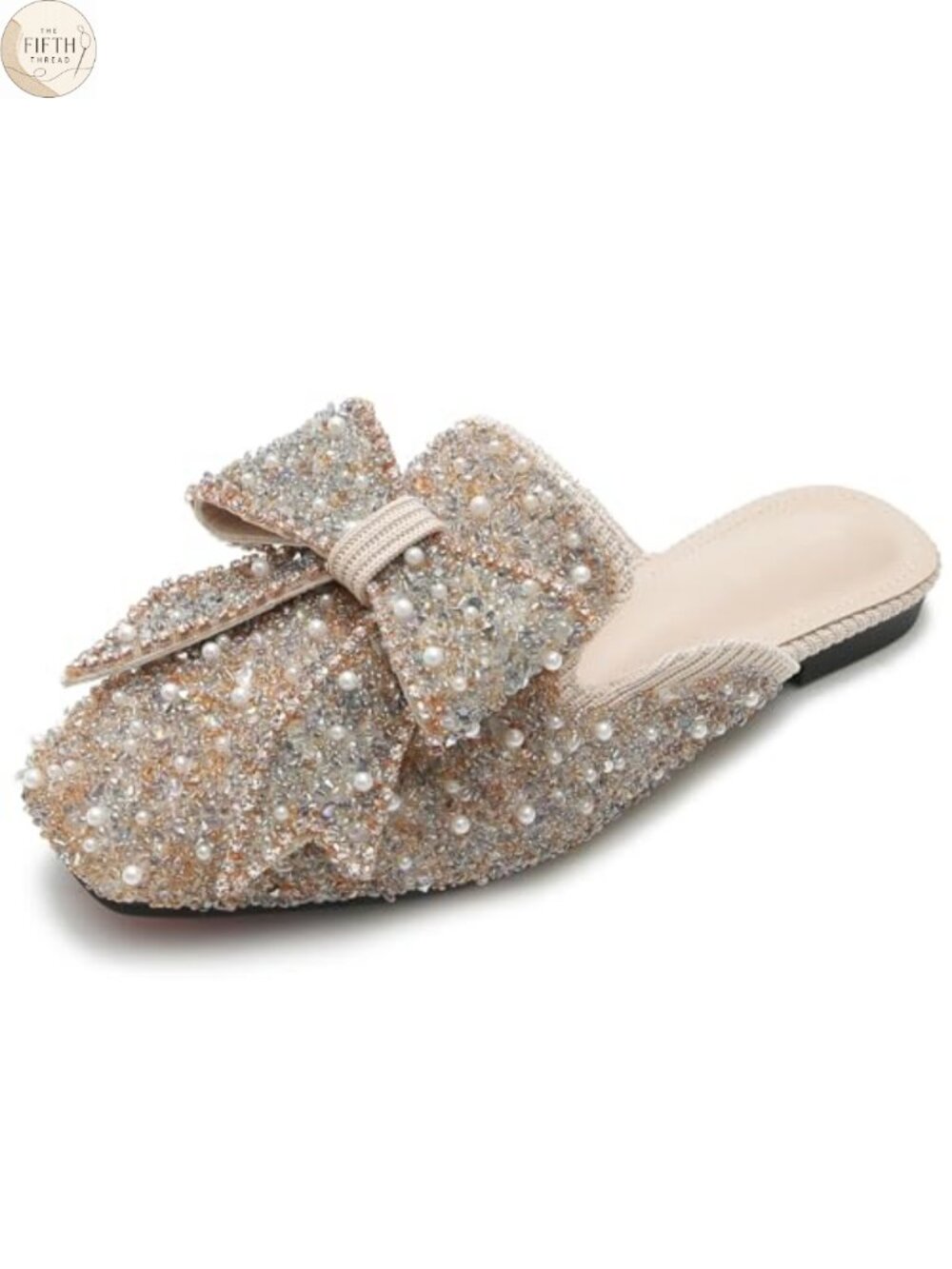 Rhinestone Bow Flat Mules Square Toe Slip On Penny Loafers Comfort Shoes